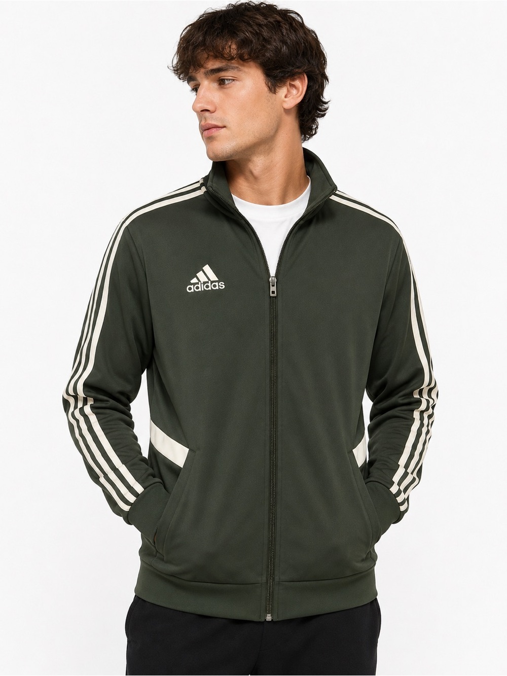 adidas Dark Olive Green Full-Zip Track Jacket with White Stripes